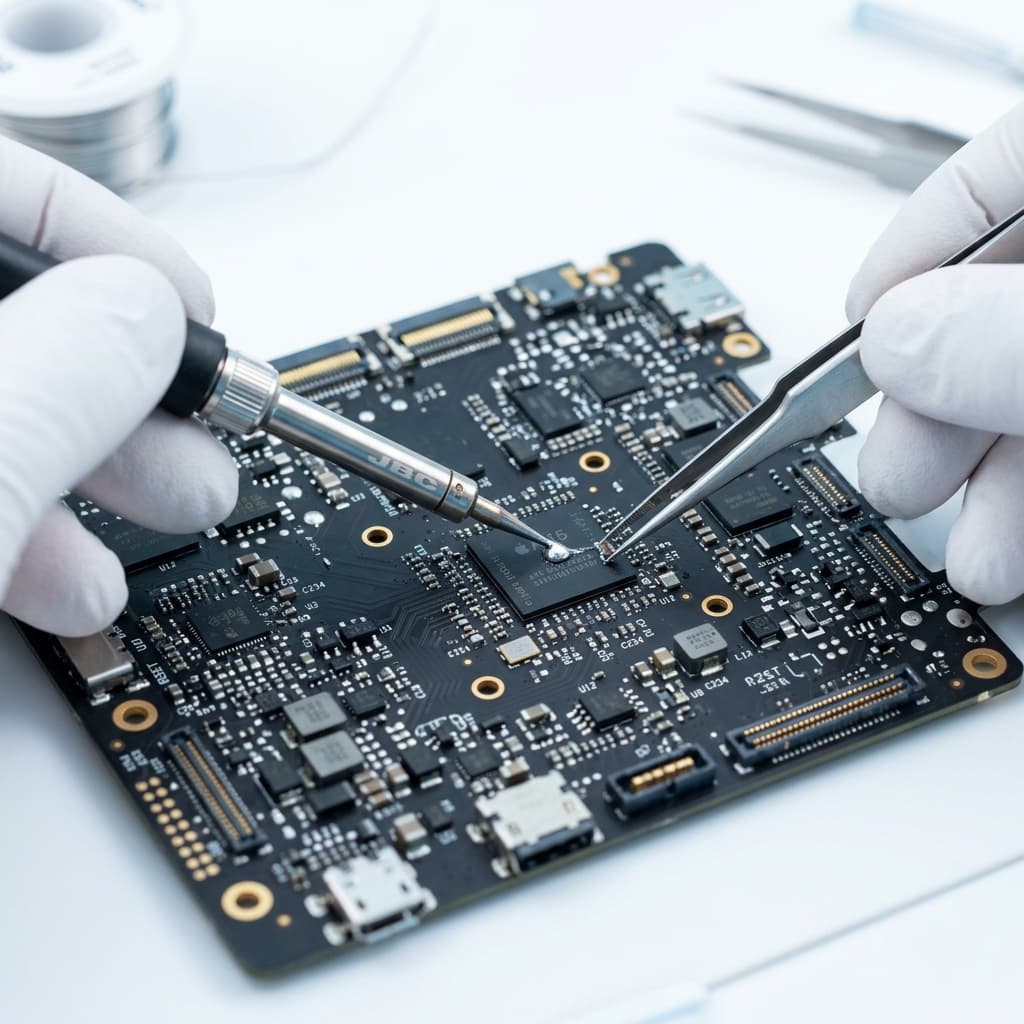 Detailed macro view of a computer motherboard being repaired
