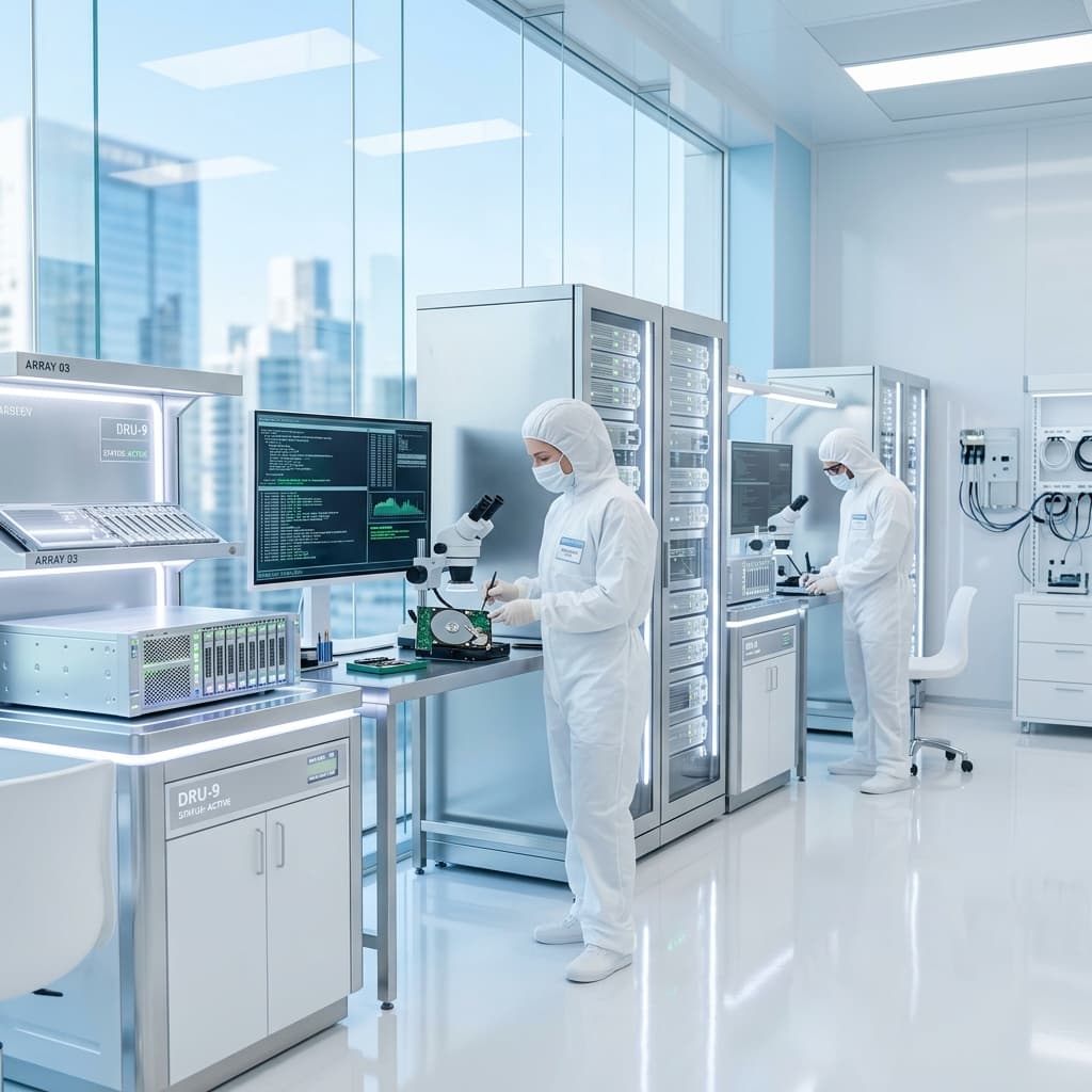 Technicians working in a Class 100 Cleanroom Data Recovery Laboratory