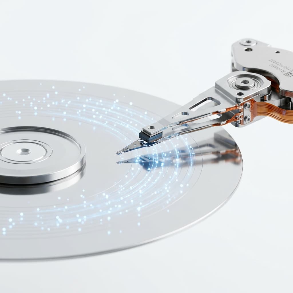 Macro view of exposed hard drive platter and read write head